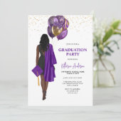 Afro-Amerikaanse Vrouw Paarse Graduation Party Kaart (Staand voorkant)
