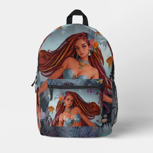 Afro-Amerikaanse Waterverf Zeemeermin Bedrukte Rugzak (Voorkant)