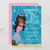 Afro-Amerikaanse Zeemeermin 1E Verjaardag uitnodig Kaart (Voorkant / Achterkant)