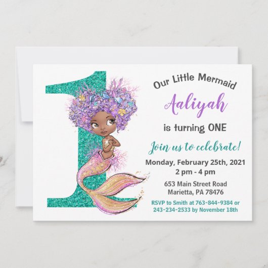 Afro-Amerikaanse Zeemeermin 1e Verjaardagsuitnodig Kaart (Voorkant)