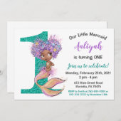 Afro-Amerikaanse Zeemeermin 1e Verjaardagsuitnodig Kaart (Voorkant / Achterkant)