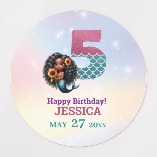 Afro-Amerikaanse zeemeermin 5e verjaardag Labels (Design 1)
