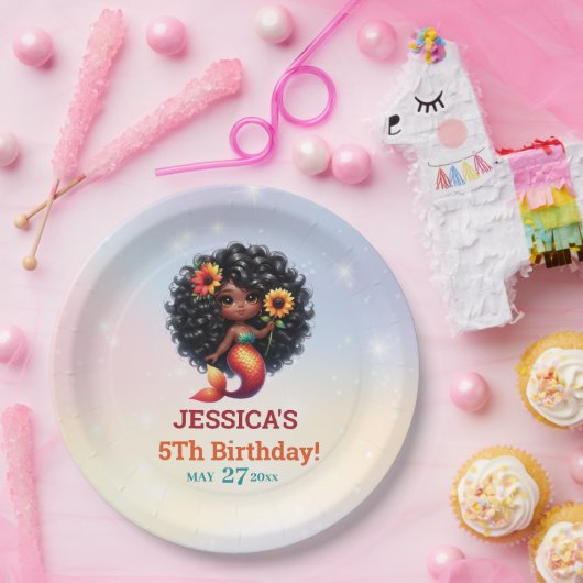 Afro-Amerikaanse zeemeermin 5e verjaardag Papieren Bordje (Feest)