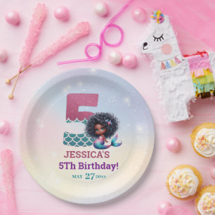 Afro-Amerikaanse zeemeermin 5e verjaardag Papieren Bordje