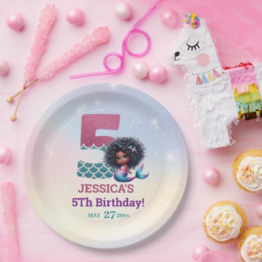 Afro-Amerikaanse zeemeermin 5e verjaardag Papieren Bordje (Feest)