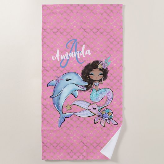 Afro-Amerikaanse Zeemeermin Aangepaste Naam Meisje Strandlaken (Voorkant)