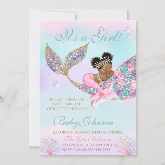 Afro-Amerikaanse zeemeermin Baby shower Glitter Ta Kaart (Voorkant)
