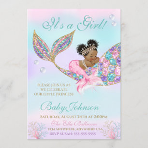 Afro-Amerikaanse zeemeermin Baby shower Glitter Ta Kaart