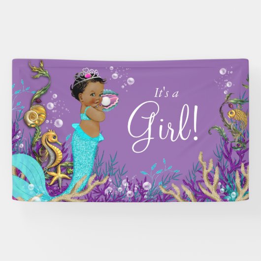 Afro-Amerikaanse Zeemeermin Baby Shower Spandoek (Horizontaal)