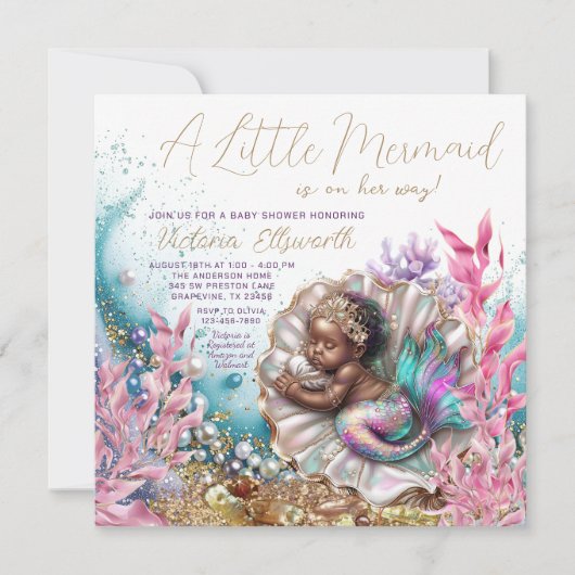 Afro-Amerikaanse Zeemeermin Clamshell Baby shower Kaart (Voorkant)