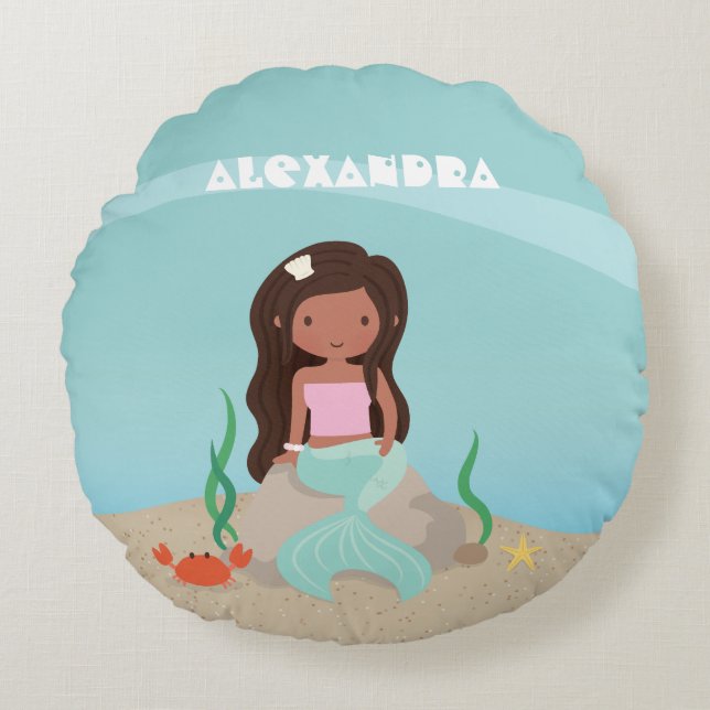 Afro-Amerikaanse Zeemeermin Meisjes Kamer Decor Ku Rond Kussen (Voorkant)