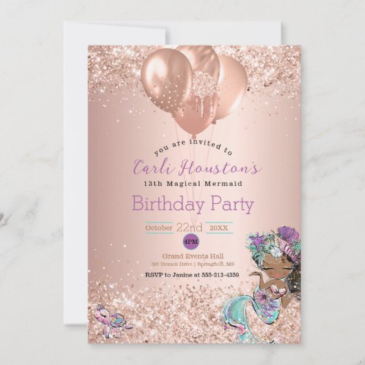 Afro-Amerikaanse Zeemeermin Verjaardagsfeestuitnod Kaart (Voorkant)