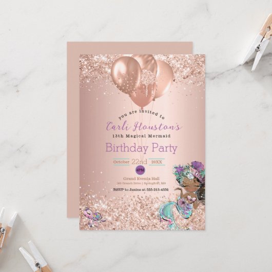 Afro-Amerikaanse Zeemeermin Verjaardagsfeestuitnod Kaart (Voorkant / Achterkant in situ)