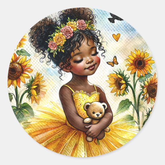 Afro-Amerikaanse zonnebloem meisje met teddybeer Ronde Sticker (Voorkant)