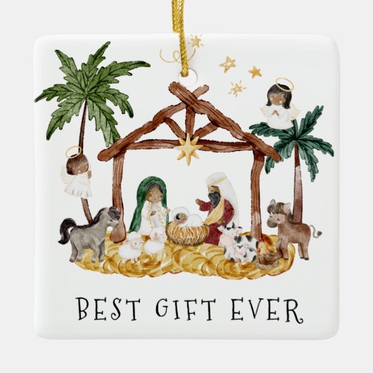 Afro-Amerikaanse zwarte Geboorte Kerstmis Keramisch Ornament (Voorkant)