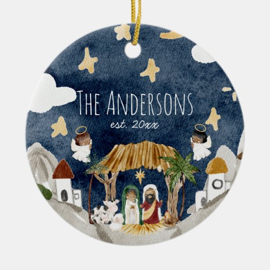 Afro-Amerikaanse zwarte Geboorte Kerstmis Keramisch Ornament (Voorkant)