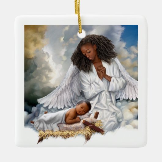 Afro Angel en Baby Jesus Kerstversieringen Keramisch Ornament (Voorkant)
