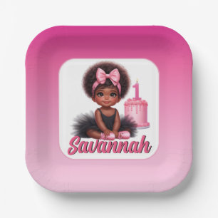 Afro Baby Meisje Roze & Zwarte Tutu 1e Verjaardag Papieren Bordje