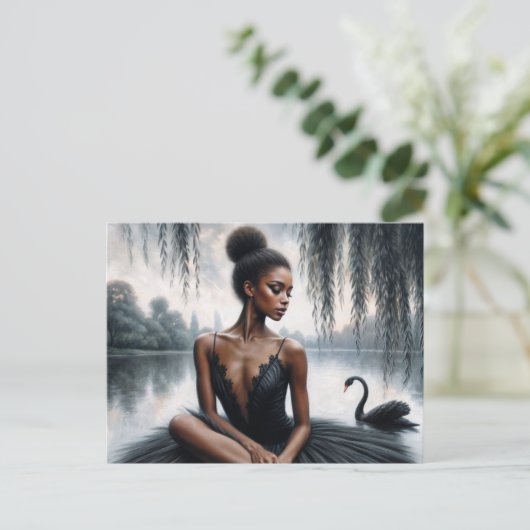 Afro Ballerina in Black Tutu With Swan Moody Art Briefkaart (Staand voorkant)