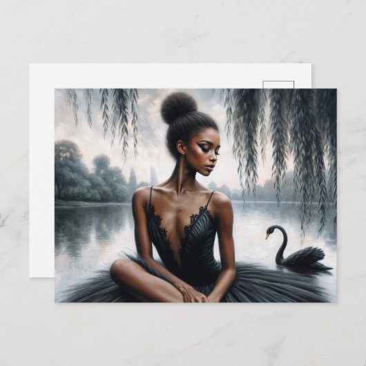 Afro Ballerina in Black Tutu With Swan Moody Art Briefkaart (Voorkant / Achterkant)