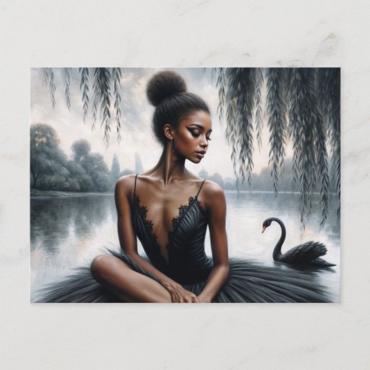 Afro Ballerina in Black Tutu With Swan Moody Art Briefkaart (Voorkant)