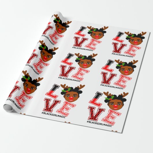 Afro Black Reindeer Kerstmeisje Santa Red Nose Cadeaupapier (Uitgerold)