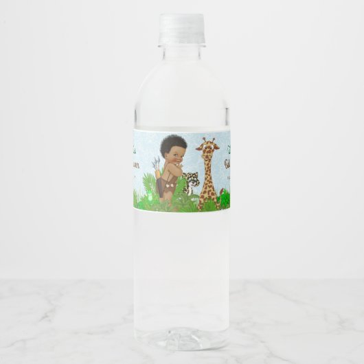 Afro Boy Safari Baby shower Water Bottle Labels Waterfles Etiket (Voorkant)