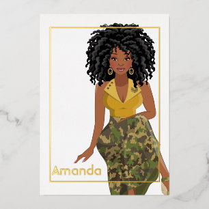 Afro Camo Meisje Verjaardagsfeestje Folie Uitnodiging