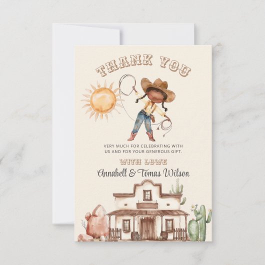 Afro Cowgirl Western Girl Ranch Cactus Baby shower Bedankkaart (Voorkant)