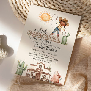 Afro Cowgirl Western Girl Ranch Cactus Baby shower Kaart