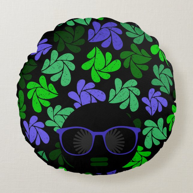 Afro Diva Groen & Blauw Rond Kussen (Voorkant)