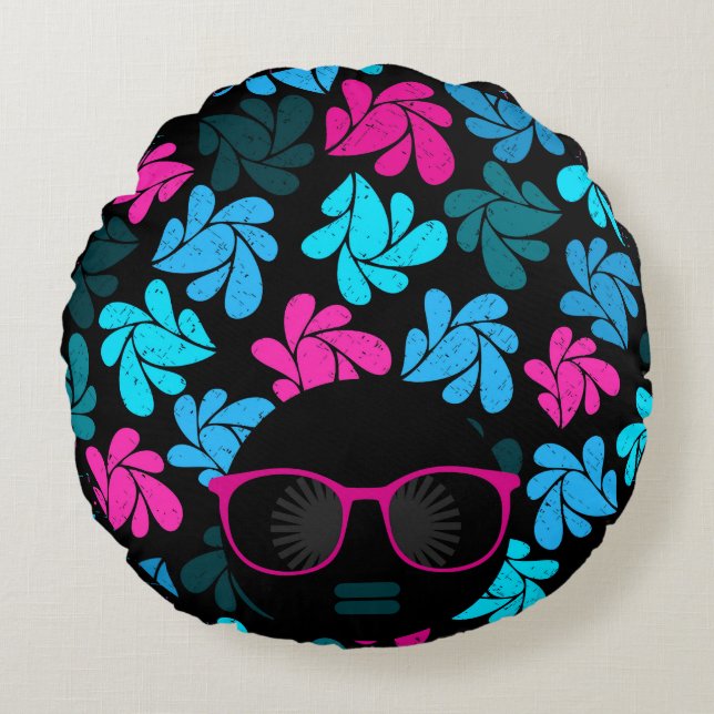 Afro Diva Turquoise & Hot Pink Ronde Kussen (Voorkant)