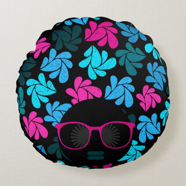Afro Diva Turquoise & Hot Roze Rond Kussen (Voorkant)