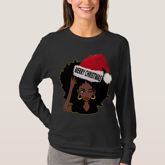 Afro Diva Winking Eye Merry Christmas Melanin Quee T-shirt (Voorkant)