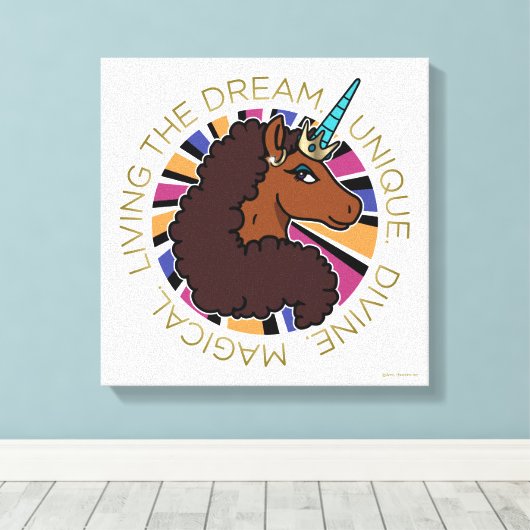 Afro Eenhoorn Living the Dream Design Canvas Afdruk (Insitu (Houten vloer))