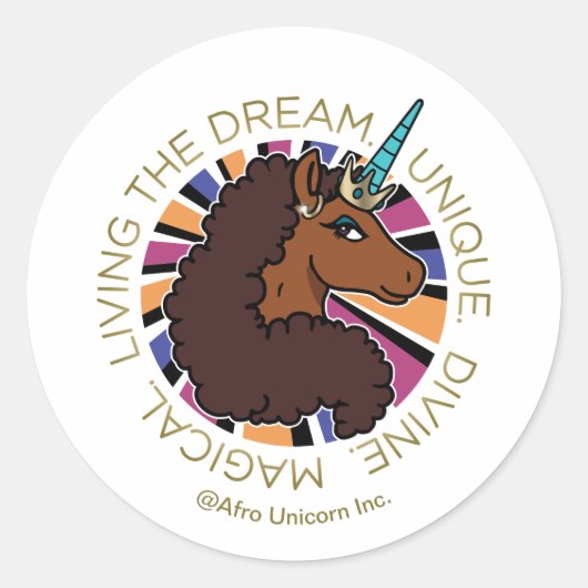 Afro Eenhoorn Living the Dream Design Ronde Sticker (Voorkant)