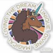 Afro Eenhoorn Living the Dream Design Sticker (Voorkant)