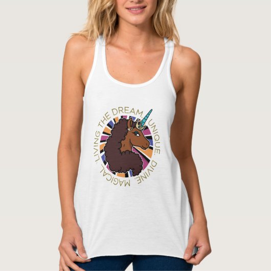 Afro Eenhoorn Living the Dream Design Tanktop (Voorkant)