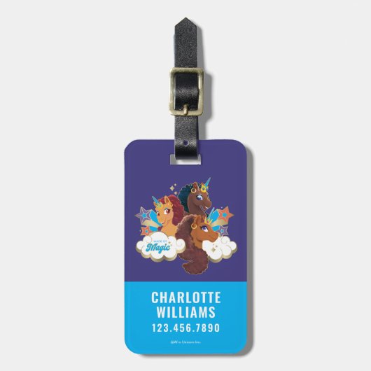 Afro Eenhoorn "Made of Magic" Trio Design Bagagelabel (Voorkant verticaal)