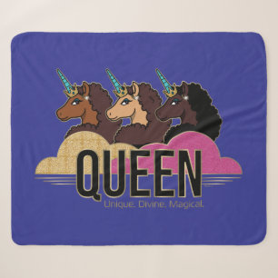 Afro Eenhoorn Queen Trio Design Sherpa Deken