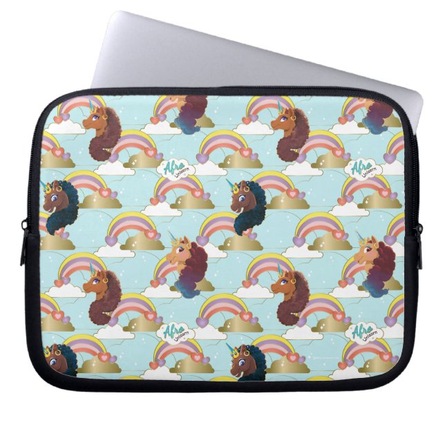 Afro Eenhoorn Regenboog en Harten Patroon Laptop Sleeve (Voorkant)