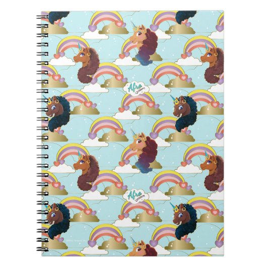 Afro Eenhoorn Regenboog en Harten Patroon Notitieboek (Voorkant)