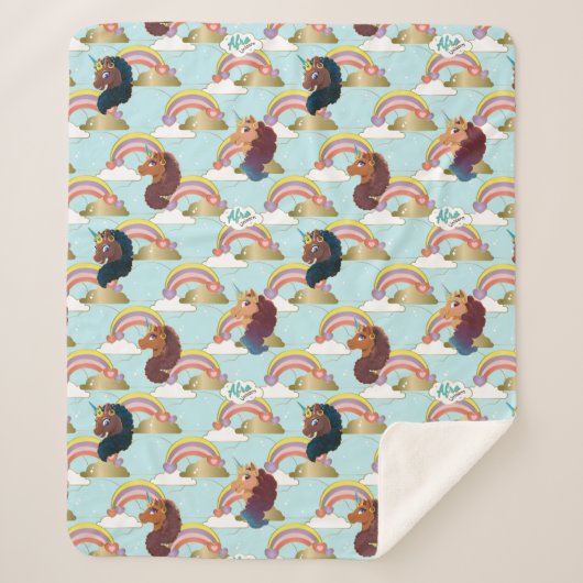 Afro Eenhoorn Regenboog en Harten Patroon Sherpa Deken (Voorkant)