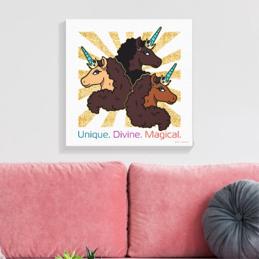 Afro-eenhoorntrio: uniek, goddelijk en magisch canvas afdruk (Insitu (Woonkamer))