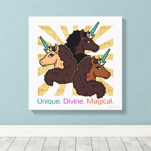 Afro-eenhoorntrio: uniek, goddelijk en magisch canvas afdruk (Insitu (Houten vloer))