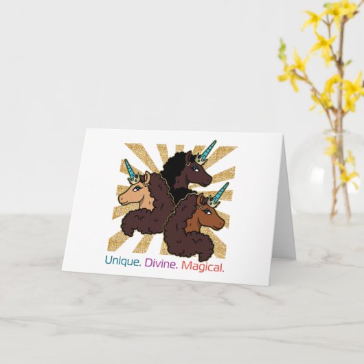 Afro-eenhoorntrio: uniek, goddelijk en magisch kaart (Gele Bloem)