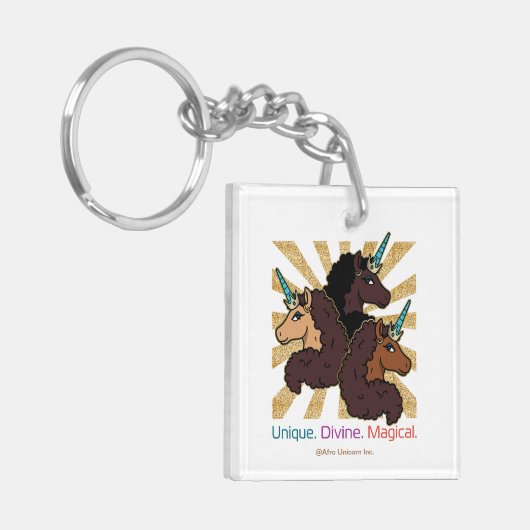 Afro-eenhoorntrio: uniek, goddelijk en magisch sleutelhanger (Voorkant Links)