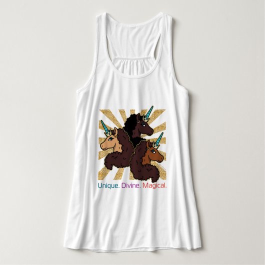 Afro-eenhoorntrio: uniek, goddelijk en magisch tanktop (Design voorkant)