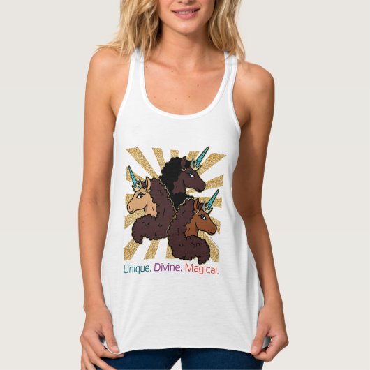 Afro-eenhoorntrio: uniek, goddelijk en magisch tanktop (Voorkant)