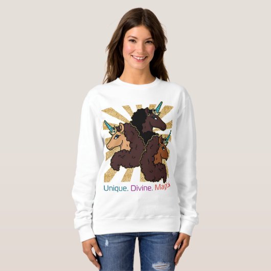 Afro-eenhoorntrio: uniek, goddelijk en magisch trui (Voorkant volledig)